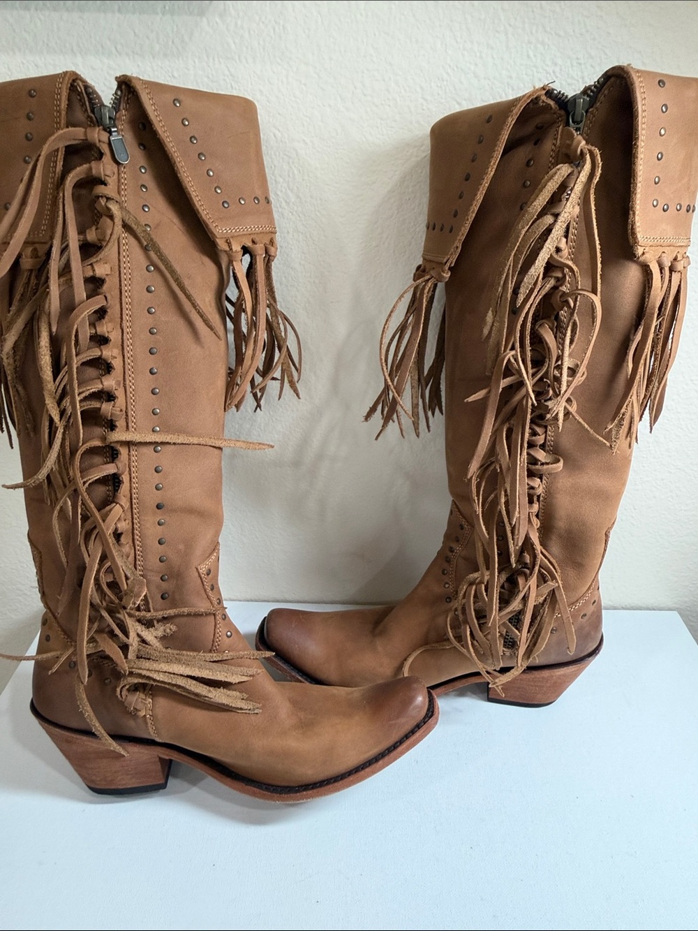 LIBERTY Black Tan Fringe Knee Leather Boots - Picture 10 of 14